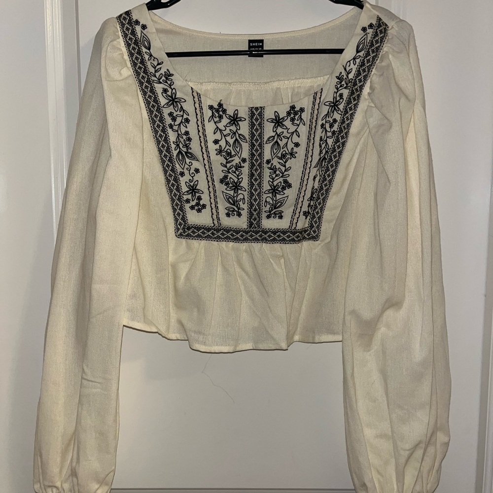 Cream Blouse with Black Embroidery